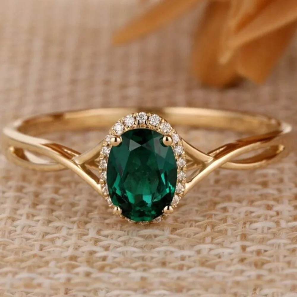 18K Gold Filled Emerald Green Oval Halo Twist Ring Size 7